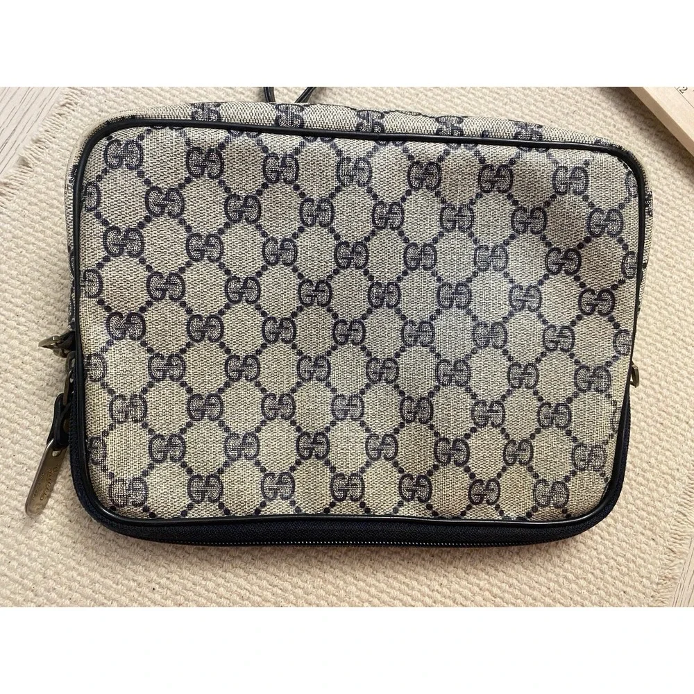 Gucci Vintage GG Supreme Coated Canvas Leather Bag Navy Blue Monogram